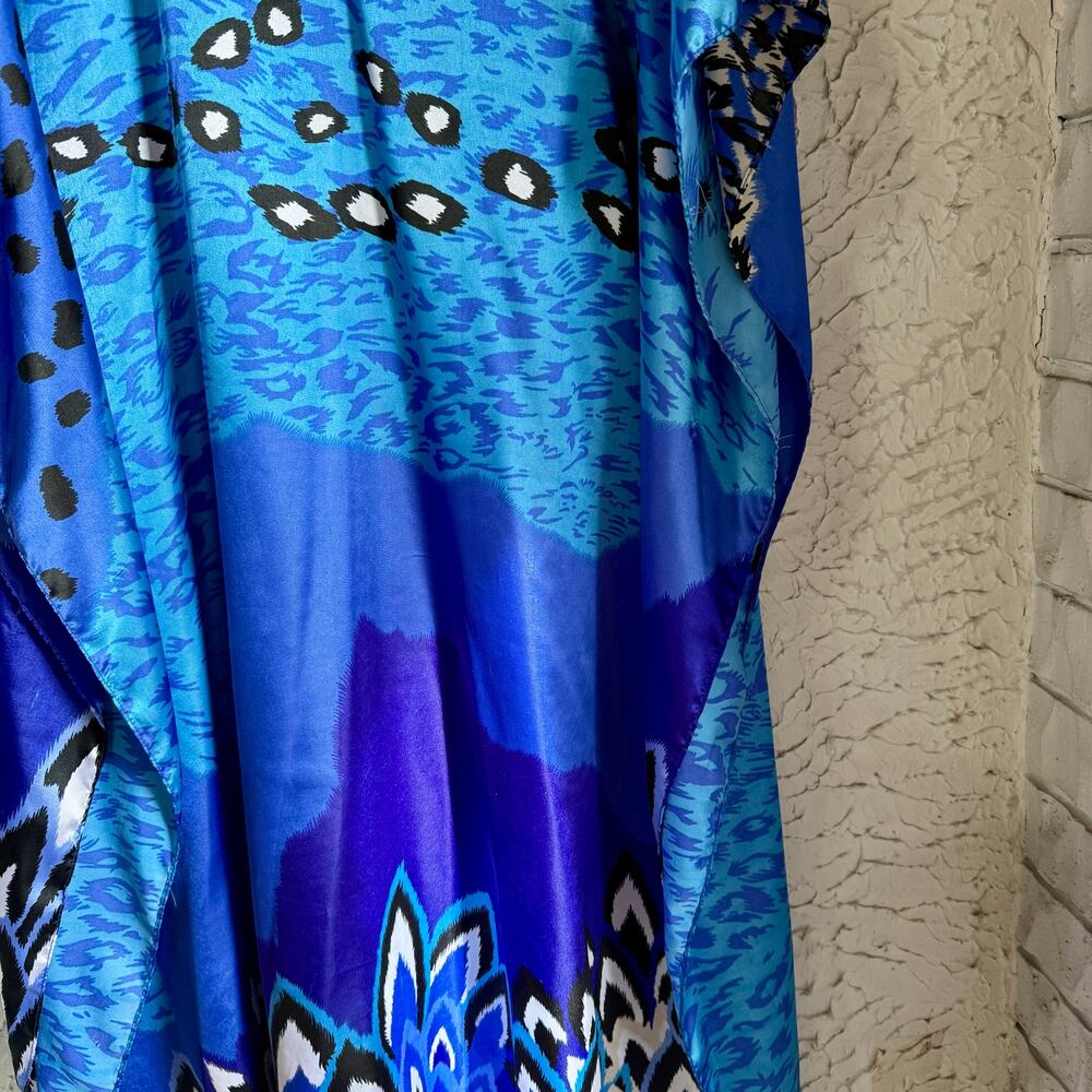 Blue Abstract Kaftan Maxi Dress One Size Boho Resort Cover Up - Picture 5 of 8